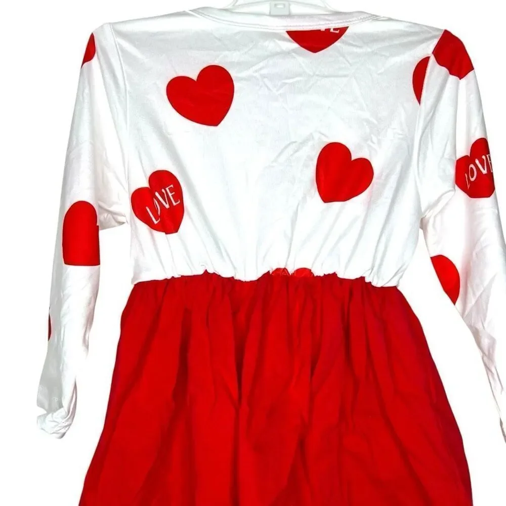 Girls Valentine Outfit Long Sleeve Heart Top with Red Suspender Bow Skirt Size 1